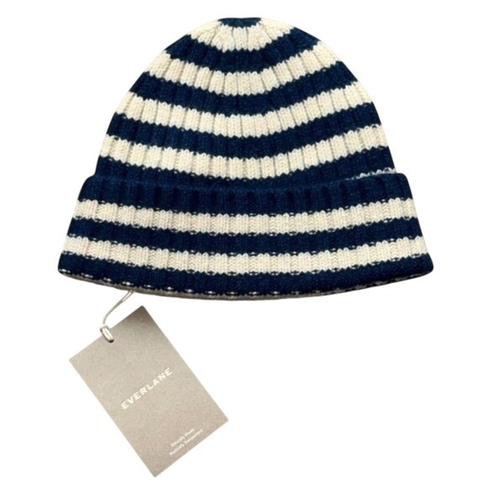 EVERLANE Unisex *NWT* 92% Cashmere | Navy Blue Bone Striped Ribbed Beanie | O/S